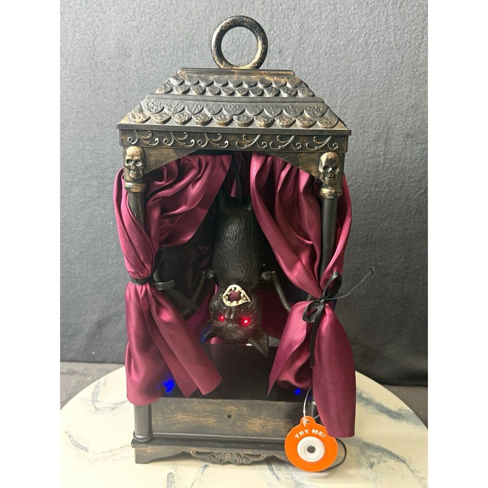 Halloween Animated Bat in Coffin Display w/ Curtains Black Burgundy Battery work